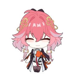 1girl braid changli_(wuthering_waves) chibi closed_eyes closed_mouth dress full_body hair_between_eyes hair_ornament highres hongye1 jacket long_hair long_sleeves pink_hair simple_background smile solo thighhighs white_background white_dress wuthering_waves