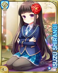 1girl black_hair blazer blue_jacket blue_neckwear blue_skirt card_(medium) crossed_arms day expressionless flower girlfriend_(kari) hair_flower hair_ornament indoors jacket kneeling long_hair official_art pantyhose plaid_clothes plaid_skirt pleated_skirt purple_eyes qp:flapper school_uniform shiranui_isuzu shirt skirt solo very_long_hair white_shirt