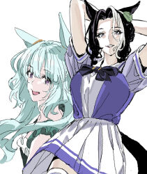 animal_ears black_hair green_hair highres horse_ears horse_tail looking_at_viewer mejiro_ardan_(umamusume) mejiro_ramonu_(umamusume) mole mole_under_eye nobita_(makoto7060355) purple_eyes school_uniform simple_background smile spiked_hair tail umamusume white_background