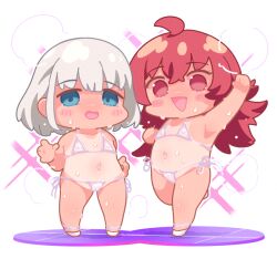 2girls :d ahoge bikini blue_eyes chibi grey_hair idolmaster idolmaster_shiny_colors komiya_kaho loli long_hair medium_hair micro_bikini multiple_girls navel nipples open_mouth red_eyes red_hair serizawa_asahi simple_background smile steam steaming_body sweat swimsuit takato_kurosuke tan tanline white_background white_bikini