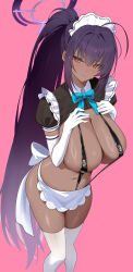 1girl absurdres ahoge apron back_bow bikini black_bikini black_hair black_shirt blue_archive blue_bow blue_bowtie blush bow bowtie breasts cleavage dark-skinned_female dark_skin elbow_gloves gloves gradient_hair hair_between_eyes halo hand_on_own_chest highres huge_breasts kakumayu karin_(blue_archive) long_hair looking_at_viewer maid_apron maid_headdress multicolored_hair navel open_mouth orange_eyes pink_background ponytail puffy_short_sleeves puffy_sleeves purple_halo shirt short_sleeves sideboob simple_background slingshot_swimsuit solo standing sweat swimsuit thighhighs very_long_hair white_gloves white_thighhighs