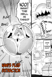 1girl absurdres anus ass breasts bubble completely_nude english_text greyscale hato_hato_hato highres huge_ass large_breasts monochrome nami_(one_piece) nami_(one_piece)_(egghead) nude one_piece open_mouth pussy restrained speech_bubble thick_thighs thighs