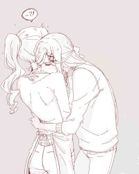 ! !? 2girls ? absurdres apron closed_eyes commentary_request covered_mouth cowboy_shot facing_another fingernails flinch grey_background hair_ornament hair_ribbon hand_on_another&#039;s_shoulder hand_up head_on_another&#039;s_shoulder highres hug lamey20555281 lineart long_hair multiple_girls pants parted_bangs ponytail ribbon saijou_claudine shirt shoujo_kageki_revue_starlight simple_background spoken_exclamation_mark spoken_question_mark strap_lift striped_sleeve_cuffs tendou_maya three-quarter_sleeves wavy_hair x_hair_ornament yuri