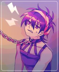 1boy chain chain_leash collar collarbone eyelashes fang frown hairband jojo_no_kimyou_na_bouken leash male_focus mikage_kazuki narancia_ghirga purple_eyes solo teeth vento_aureo