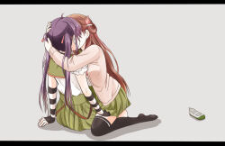 2girls black_thighhighs brown_hair ebisuzawa_kurumi elbow_gloves gakkou_gurashi! gazeichi gloves grey_background hair_ornament hand_on_another&#039;s_thigh highres jacket kiss long_hair multiple_girls pink_jacket pleated_skirt purple_hair red_ribbon ribbon school_uniform shirt skirt straddling thighhighs twintails unworn_shoe wakasa_yuuri white_shirt yuri