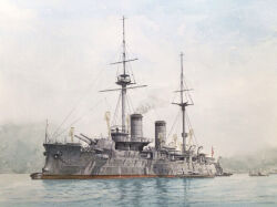 atelier_bono battleship boat cannon highres imperial_japanese_navy iwami_(battleship) mast military_vehicle no_humans ocean original painting_(medium) port ship ship_turret smoke smokestack traditional_media tugboat vehicle_focus warship watercolor_(medium) watercraft