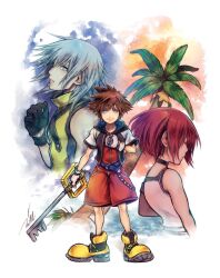 1girl 2boys aqua_eyes bare_shoulders belt black_choker black_gloves blue_belt blue_eyes brown_hair camisole child choker closed_eyes full_body gloves grey_hair hair_between_eyes half_gloves hand_on_own_chest holding holding_weapon hood hood_down hooded_jacket jacket jumpsuit kairi_(kingdom_hearts) keyblade kingdom_hearts looking_at_viewer medium_hair mim_(mimya0600) multiple_boys ocean palm_tree paopu_fruit parted_lips red_hair red_jumpsuit riku_(kingdom_hearts) shirt shoes short_hair short_jumpsuit short_sleeves signature sleeveless sleeveless_shirt sleeveless_turtleneck smile sora_(kingdom_hearts) spiked_hair tree turtleneck upper_body weapon white_camisole yellow_shirt yellow_shoes