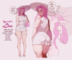 Rule 34 | 1girl, ass, audino, blue eyes, breasts, commentary, english commentary, english text, full body, gen 5 pokemon, grin, highres, joy (pokemon), lizo (nyantcha), long hair, looking at viewer, multiple views, muscular, nintendo, nyantcha, open mouth, original, pink hair, pokemon, pokemon (creature), scar, scar across eye, scar on face, skirt, smile, speech bubble