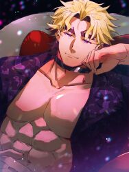 1boy abs absurdres bara blonde_hair choker closed_mouth collarbone curtains hagiography highres large_pectorals loki_(housamo) looking_at_viewer male_focus muscular muscular_male pectorals purple_eyes purple_shirt shirt short_hair solo thick_eyebrows tokyo_houkago_summoners