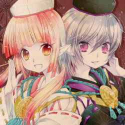 Rule 34 | 2girls, :d, asahi (dq10), black hat, blunt bangs, blunt ends, blunt sidelocks, colored skin, commentary request, dragon quest, dragon quest x, hair between eyes, hat, japanese clothes, looking at viewer, looking to the side, multiple girls, open mouth, orange eyes, pink hair, pink skin, pink trim, pointy ears, purple eyes, purple hair, purple skin, purple trim, red background, short hair, shoulder-to-shoulder, smile, tokin hat, upper body, utsubushi satsuki, white hat, yoi (dq10)