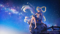 1girl absurdres aqua_eyes black_shoes blue_dress blue_hair blush commentary dress english_commentary floating_hair hair_ribbon hat highres hoshino_yumemi long_hair looking_ahead low_twintails planetarian planetariangaolin projector ribbon shoes sitting sitting_on_object sky smile solo star_(sky) starry_sky twintails very_long_hair