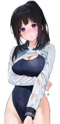 Rule 34 | absurdres, arm under breasts, artist logo, black hair, black sailor collar, blush, chitanda eru, gakuran, highres, hyouka, kamiyama high school uniform (hyouka), kyoto animation, logo, long hair, mery (yangmalgage), ponytail, purple eyes, sailor collar, school uniform, serafuku, swimsuit, swimsuit under clothes, thighs