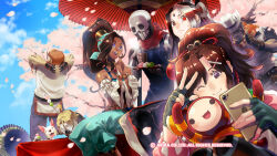 Rule 34 | 3girls, 5boys, ?, allen snider, breasts, cellphone, character request, closed mouth, cloud, cracker jack, dango, dark-skinned female, dark skin, doctrine dark, dog, fighting ex layer, fingerless gloves, food, gloves, hair ornament, highres, holding, holding phone, knitty (technictix), long hair, looking at viewer, multiple boys, multiple girls, nanase (arika), official art, official wallpaper, one eye closed, open mouth, phone, pullum purna, sanane, shirase (arika), skullomania, smile, street fighter, street fighter ex (series), technictix, tree, umbrella, v, wagashi, x hair ornament