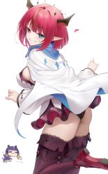 2girls absurdres ass black_panties blue_eyes blunt_bangs bob_cut breasts cloak commentary detached_sleeves dress english_commentary enigmatic_recollection from_behind grin halo heterochromia highres hololive hololive_english horns irys_(hololive) irys_(irys_2.0)_(hololive) large_breasts looking_at_viewer miniskirt multiple_girls ninomae_ina&#039;nis official_alternate_hair_length official_alternate_hairstyle paid_reward_available panties panty_peek pointy_ears purple_eyes purple_skirt purple_thighhighs red_hair red_shoes shoes short_dress short_hair sideboob simple_background skirt skirt_under_dress smile solo_focus somebody_(leiking00) star-shaped_pupils star_(symbol) strappy_heels symbol-shaped_pupils tentacles thighhighs underwear virtual_youtuber white_background white_cloak white_dress white_sleeves