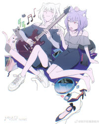 2girls :3 animal_ears bang_dream! bang_dream!_it&#039;s_mygo!!!!! black_shirt black_skirt cat cat_ears cat_girl cd_player cd_walkman chinese_commentary chromatic_aberration commentary_request digital_media_player electric_guitar grey_shirt guitar highres holding holding_plectrum instrument kaname_raana kemonomimi_mode layered_sleeves long_sleeves multiple_girls no_shoes off-shoulder_shirt off_shoulder open_mouth playing_guitar playing_instrument plectrum purple_hair raana_the_cat red_eyes reiboubyou shirt shoes short_hair short_over_long_sleeves short_sleeves skirt trait_connection white_hair white_shoes yuutenji_nyamu