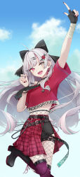 Rule 34 | 1girl, absurdres, arm up, belt, belt buckle, black boots, black bow, black choker, black gloves, black shorts, blue sky, blush, boots, bow, bra strap, buckle, choker, clothes writing, cloud, commentary request, crop top, diamond hair ornament, earclip, earrings, english text, fingerless gloves, fingernails, fishnet pantyhose, fishnets, floating hair, foot out of frame, foot up, gloves, grey eyes, grey hair, hair bow, half-skirt, hand up, heart, heart o-ring, heterochromia, high heel boots, high heels, highres, index finger raised, ishigami nozomi, ishigami nozomi (1st costume), jewelry, long hair, looking at viewer, micro shorts, nijisanji, o-ring, off-shoulder shirt, off shoulder, open mouth, pantyhose, pink eyes, plaid clothes, plaid skirt, pleated skirt, polka dot, polka dot bow, purple thighhighs, red shirt, red skirt, shirt, short sleeves, shorts, shorts under skirt, skirt, sky, solo, standing, standing on one leg, stud earrings, teeth, thigh strap, thighhighs, thighhighs over pantyhose, upper teeth only, very long hair, virtual youtuber, wallet chain, wristband, yu-ki (user dttw2327)