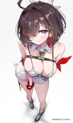 1girl ahoge atelier_(series) atelier_yumia bare_shoulders bikini blush breasts brown_hair cleavage detached_collar gloves highres hong_(white_spider) large_breasts looking_at_viewer miniskirt necktie pencil_skirt purple_eyes red_gloves short_hair skirt smile solo swimsuit white_bikini white_skirt yumia_liessfeldt
