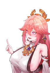 1girl absurdres animal_ears areola_slip armpit_crease bare_shoulders breasts detached_sleeves earrings floppy_ears fox_ears genshin_impact hair_between_eyes hair_ornament highres horori_(halloweenday309) huge_breasts jewelry long_hair looking_up lower_teeth_only necklace open_mouth pink_hair pointing pointing_up purple_eyes shirt sideboob simple_background sleeveless sleeveless_shirt smile solo teeth upper_body white_background wide_sleeves yae_miko
