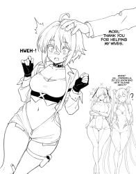 3girls =_= accessories ahoge bandaid bandaid_on_face bandaid_on_nose bare_shoulders black_gloves blush bodysuit breasts cinderella_(nikke) cleavage commander_(nikke) crossed_arms fingerless_gloves folded_hair gloves goddess_of_victory:_nikke hair_intakes hair_over_one_eye halterneck headpat jamjamstyle jumpsuit large_breasts little_mermaid_(nikke) long_hair looking_at_viewer monochrome mori_(nikke) multiple_girls navel one_eye_covered open_jumpsuit out_of_frame see-through_bodysuit see-through_cleavage see-through_clothes short_hair short_jumpsuit simple_background smile sparkle sparkling_aura twintails very_long_hair