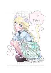 1girl :o alternate_costume animal_ear_fluff animal_ears apron aqua_bag aqua_bow bag bag_bow black_shoes blonde_hair blue_bow blue_bowtie blue_dress blue_eyes blue_ribbon blunt_bangs blush bow bowtie buckle cat_ears cat_girl cat_tail character_doll commentary_request cure_lillian doll dress duko enmaided eyelashes frilled_apron frilled_dress frills full_body hair_ornament hair_ribbon hands_on_own_cheeks hands_on_own_face heart heart-shaped_buckle heart_hair_ornament highres implied_yaoi juliet_sleeves kemonomimi_mode long_hair long_sleeves maid maid_headdress mary_janes medium_dress nekoyashiki_mayu nekoyashiki_yuki parted_lips precure puffy_sleeves ribbon sample_watermark shoes signature simple_background socks solo speech_bubble squatting tail tareme tote_bag very_long_hair watermark white_apron white_background white_socks wonderful_precure!