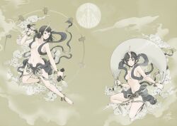 2girls anklet barefoot black_eyes black_hair breasts cloud commentary_request fuujin_(mythology) horns japanese_mythology jewelry looking_at_another medium_breasts medium_hair multiple_girls navel original raijin_(mythology) revealing_clothes sash short_hair single_horn yamada_satoshi