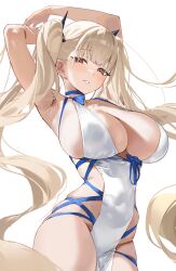 1girl absurdres armpits arms_up azur_lane blue_choker breasts choker cleavage commentary commentary_request covered_navel dress formidable_(anniversary_memories)_(azur_lane) formidable_(azur_lane) grey_hair halter_dress halterneck highres large_breasts long_hair looking_at_viewer official_alternate_costume pelvic_curtain red_eyes runfufu sideless_dress simple_background skindentation solo symbol-only_commentary twintails very_long_hair white_background white_dress
