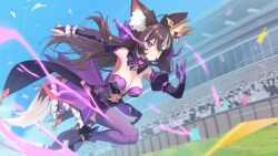 Rule 34 | + +, :3, animal ear fluff, animal ears, asymmetrical bridal gauntlets, asymmetrical legwear, blue sky, bow, breasts, bridal gauntlets, brooch, brown hair, cleavage, crown, detached collar, dress, electricity, fang, fox ears, fox girl, fox tail, freely2327, frills, grass, heart, heart brooch, high heels, highres, indie virtual youtuber, jewelry, large breasts, long hair, multicolored hair, navel, parody, pink brooch, purple bow, purple bridal gauntlets, purple dress, purple thighhighs, rima evenstar, rima evenstar (rima 2.0), running, skin fang, sky, streaked hair, tail, thighhighs, twintails, waist cape, white hair, white wrist cuffs, wrist cuffs