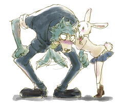 1boy 1girl beastars bent_over blue_skirt blush blush_stickers hand_on_own_knee haru_(beastars) hetero ktandoku legoshi loafers pleated_skirt rabbit_girl rabbit_tail school_uniform shoes simple_background skirt squatting tail tail_wagging tiptoes whispering white_background wolf_boy wolf_tail