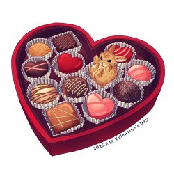 2025 animal animal_focus artist_name box box_of_chocolates candy chocolate chocolate_heart commentary dated english_commentary food food_focus heart heart-shaped_box heart-shaped_food highres honto_pic no_humans original rabbit simple_background valentine white_background