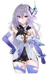 1girl absurdres bare_shoulders black_shorts blue_gloves blue_thighhighs breasts cleavage commentary cowboy_shot cropped_legs earrings elbow_gloves genshin_impact gloves grey_hair hair_ornament high-waist_shorts highres hotaboshi_yazuki jewelry long_hair looking_at_viewer medium_breasts purple_eyes shorts skirk_(genshin_impact) solo standing thighhighs thighs very_long_hair yaduki100