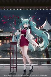 Rule 34 | 1girl, aqua eyes, aqua hair, artist name, asahi kuroi, bad source, blush, breasts, building, character name, china dress, chinese clothes, closed mouth, coat, copyright name, dress, floating hair, flower, full body, hair between eyes, hair ornament, hair ribbon, hatsune miku, high heels, highres, holding, lattice, long hair, long sleeves, night, night sky, official art, outdoors, plum blossoms, ribbon, see-through clothes, see-through coat, shadow, sky, smile, snow, socks, solo, standing, tree, twintails, very long hair, vocaloid, watermark, white socks, wide sleeves
