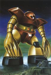 1970s_(style) 1980s_(style) artist_request beam_cannon box_art cannon claws glint gogg gundam gunpla hasegawa_masayuki looking_at_object machinery mecha mecha_focus mobile_suit mobile_suit_gundam model_kit ocean official_art oldschool one-eyed painting_(medium) realistic retro_artstyle robot rock sand scan science_fiction shore soldier traditional_media water weapon zeon