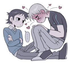 &gt;_&lt; ... 2boys black_eyes black_hair blush bowwow_cn collared_shirt crossed_arms full-face_blush full_body grey_hair heart highres jitome long_sleeves male_focus multiple_boys pants scott_pilgrim_(series) scott_pilgrim_takes_off shirt short_hair short_sleeves sitting spoken_ellipsis squatting sweater t-shirt todd_ingram wallace_wells wristband yaoi