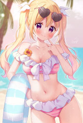 Rule 34 | 1girl, bare shoulders, beach, bikini, blonde hair, blush, bow, breasts, cleavage, closed mouth, eyewear on head, flower, frilled bikini, frills, hair ornament, highres, holding, holding swim ring, innertube, long hair, looking at viewer, medium breasts, navel, original, palm tree, pink bikini, purple eyes, smile, solo, stomach, sugutsuka rerun, sunlight, sweat, sweater, swim ring, swimsuit, tree, twintails, water, wet