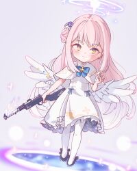 1girl angel_wings aura black_bow black_shoes blue_archive blue_bow blue_bowtie blush bow bowtie capelet chibi chibi_only closed_mouth cometline commentary_request dress fighting_stance flower footwear_bow frilled_dress frills full_body grey_background gun hair_between_eyes hair_bun hair_flower hair_ornament halo hand_up highres holding holding_gun holding_weapon lanchester_smg light_smile long_hair looking_at_viewer low_wings mika_(blue_archive) pantyhose pink_hair pink_halo purple_flower shoes simple_background single_side_bun solo split_mouth standing straight_hair submachine_gun very_long_hair weapon white_background white_capelet white_dress white_pantyhose white_wings wings yellow_eyes