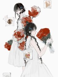 2girls black_hair bouquet dress flower gloves hair_ornament hairclip highres holding holding_bouquet holding_flower long_hair multiple_girls original red_flower red_rose rose sleeveless sleeveless_dress sugarlisu white_dress white_gloves