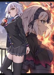 1girl absurdres ahoge armor black_armor black_capelet black_jacket black_thighhighs blue_cardigan bottle capelet cardigan chain commentary_request fate/grand_order fate_(series) fire grey_hair grey_skirt headpiece highres holding holding_bottle id_(fate/grand_order) jacket jeanne_d&#039;arc_alter_(fate) long_sleeves looking_at_viewer miniskirt necktie official_alternate_costume open_clothes open_jacket pleated_skirt profile red_necktie school_uniform short_hair skirt soda_bottle thighhighs thighs toukan