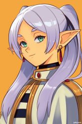 1girl artist_name capelet closed_mouth earrings elf frieren green_eyes grey_hair highres jewelry looking_at_viewer pointy_ears shirt simple_background smgold smile solo sousou_no_frieren striped_clothes striped_shirt twintails upper_body yellow_background