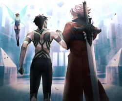 Rule 34 | 1girl, 2boys, absurdres, aqua wings, arms behind back, back, bare shoulders, black shorts, blue gloves, blue leotard, blue thighhighs, clenched hand, coat, commentary request, crossover, dante (devil may cry), debris, demi-fiend, demon (megami tensei), devil may cry, devil may cry (series), devil may cry 2, elbow gloves, fairy, fairy wings, feet out of frame, floating rock, flying, from behind, full-body tattoo, gloves, hand on another&#039;s arm, hand on own arm, highres, kiriko (42g8ak3107), leotard, light rays, long sleeves, long sword, looking at another, looking to the side, median furrow, multiple boys, neon trim, pixie (megami tensei), rebellion (sword), red coat, red hair, shin megami tensei, shin megami tensei iii: nocturne, short hair, shorts, sunbeam, sunlight, sword, sword on back, tattoo, thighhighs, tile floor, tiles, topless male, transparent wings, twitter username, underbutt, walking, weapon, weapon on back, white hair, wings