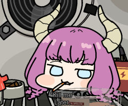 Rule 34 | 1girl, aura (sousou no frieren), battery, braid, cigarette, demon horns, horns, jazz jack, long hair, looking at viewer, low-braided long hair, low-tied long hair, meet the team, purple hair, refrigerator, refrigerator interior, severed head, sousou no frieren, team fortress 2