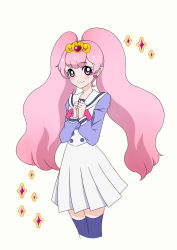 1girl :3 blue_thighhighs blush earrings female_focus go!_princess_precure heart heart_earrings highres jewelry long_hair looking_at_viewer multicolored_eyes natsu_(monatsu) personification pink_eyes pink_hair pointy_ears precure puff_(go!_princess_precure) puff_(go!_princess_precure)_(human) purple_eyes school_uniform smile solo thighhighs tiara twintails very_long_hair zettai_ryouiki