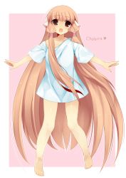 00s 1girl akashi akashi_(akashimichi) android bare_legs barefoot blonde_hair brown_eyes chii chobits feet female_focus hair_ornament hair_tubes headgear long_hair looking_at_viewer off_shoulder open_mouth outside_border pink_background robot_ears shirt simple_background solo toes very_long_hair