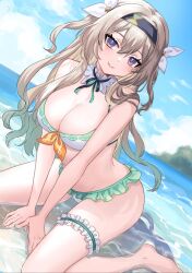 1girl bare_shoulders beach bikini black_hairband blue_sky blush breasts cleavage detached_collar firefly_(honkai:_star_rail) green_bikini grey_hair hairband honkai:_star_rail honkai_(series) large_breasts long_hair looking_at_viewer navel purple_eyes shore sky smile solo swimsuit ten-chan_(eternal_s) white_bikini