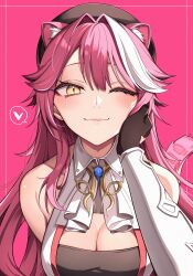 2girls ;3 absurdres animal_ears black_gloves black_tube_top breasts cleavage elizabeth_rose_bloodflame gloves hand_on_another&#039;s_cheek hand_on_another&#039;s_face highres hololive hololive_english large_breasts light_blush long_hair looking_at_viewer multicolored_hair multiple_girls nurufufufu one_eye_closed panther_ears panther_girl panther_tail pink_background pink_hair raora_panthera raora_panthera_(1st_costume) slit_pupils strapless streaked_hair tail tube_top virtual_youtuber white_hair yellow_eyes