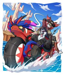 1boy 1girl absurdres black_footwear black_gloves black_hair black_jacket black_pants blue_sky boots border breasts brown_footwear brown_hair cleavage cloud colored_sclera crossed_legs day delphox fingerless_gloves furry furry_female furry_male gen_6_pokemon gen_8_pokemon gloves gun handgun high_heel_boots high_heels highres holding holding_gun holding_weapon jacket koraidon large_breasts nintendo obstagoon original outdoors outside_border pants percodine pokemon pokemon_(creature) red_eyes revolver sharp_teeth sitting sky teeth tongue tongue_out water weapon white_border yellow_sclera