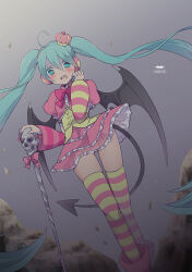 1girl azurite0012 blue_eyes blue_hair blush boots bow cane colored_eyelashes crown demon_tail demon_wings detached_sleeves dress fang frilled_dress frills from_below hand_on_cane hand_on_own_cheek hand_on_own_face hatsune_miku headphones high_collar holding holding_cane long_hair looking_at_viewer mini_crown open_mouth princess_(module) project_diva_(series) puffy_short_sleeves puffy_sleeves ribbon rock short_dress short_sleeves skindentation skull smile solo striped_clothes striped_sleeves striped_thighhighs tail thighhighs twintails very_long_hair vocaloid walking wings