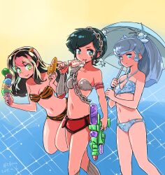3girls :q animal_print armlet armor artist_name bare_arms bare_legs bare_shoulders benten_(urusei_yatsura) bikini black_hair blue_bikini blue_eyes blue_hair blue_umbrella breasts chain cleavage closed_mouth commentary cone_horns corn counter dated eating fish floating food glint green_eyes grey_socks groin hair_ornament high_ponytail highres holding holding_corn holding_ice_cream_cone holding_stick holding_umbrella holding_water_gun horns ice ice_cream ice_cream_cone ice_cream_spoon isedaichi_ken jewelry kneehighs licking_lips long_hair looking_at_viewer lum medium_breasts metal_bikini multiple_girls navel oni oyuki_(urusei_yatsura) pauldrons pink_hair pointy_ears ponytail print_bikini rerebrace ribbed_socks short_hair shoulder_armor single_pauldron single_vambrace small_breasts smile socks spoon standing stick strapless strapless_bikini swept_bangs swimsuit tiger_print tongue tongue_out too_many too_many_scoops twitter_username umbrella urusei_yatsura vambraces walking water_gun yellow_eyes