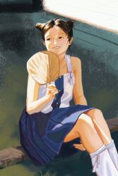 1girl absurdres asian blue_skirt brown_eyes brown_hair camisole chinese_clothes contemporary_traditional_clothes double_bun hair_bun hand_fan hanfu highres kneehighs lu_nulu original pleated_skirt sitting skirt smile socks solo white_camisole