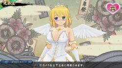 1girl 3d abstract_background angel_wings animated blonde_hair blush bouncing_breasts breasts dress elbow_gloves game_console gloves heterochromia kiss looking_at_viewer video playstation_4 ryouna_(senran_kagura) senran_kagura senran_kagura_estival_versus tagme tiara video sound white_background white_dress wings