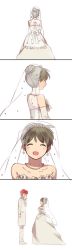 Rule 34 | 1boy, 1girl, ayuppe, bad id, bad pixiv id, bare shoulders, black hair, bridal veil, comic, dress, elbow gloves, gloves, hair bun, highres, jewelry, kyoukai no rinne, long hair, mamiya sakura, necklace, red hair, rokudou rinne, short hair, silent comic, single hair bun, smile, veil, wedding, wedding dress
